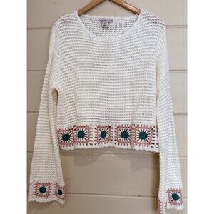Sincerly Jules Crochet Sweater Womens L Cropped Granny Square White Cottagecore